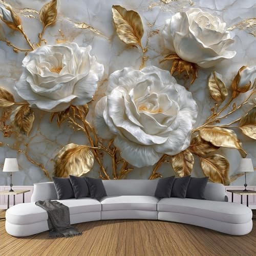 MIATCENRT Papier Peint Panoramique 3D Soie, ‎150x105cm (L×H) Rose Feuille D'Or - Papier Peint Luxe Floral Grandes Murales Poster pour Salon, Chambre d'enfants, Étude Décoration, Or cendré