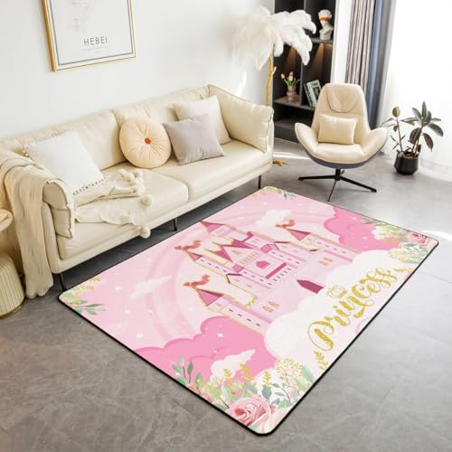 feelingyou Rosa Burg Gartenblumen Wohnzimmer Teppich 100x150cm Prinzessin Stil Schlafzimmerbereich Teppich für Kinder Teens Goldene Linie Dekoration Indoor Matte Heimdekor