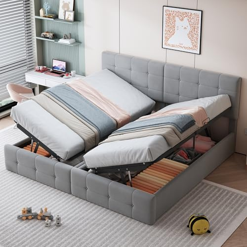 WIZBED Boxspringbett 180x200 mit Bettkasten, Hydraulisches Doppelbett Polsterbett mit Lattenrost, Bettgestell mit Stauraum, Schlafzimmer Komplett, Stauraumbett, Samtstoff, Ohne Matratze, Grau