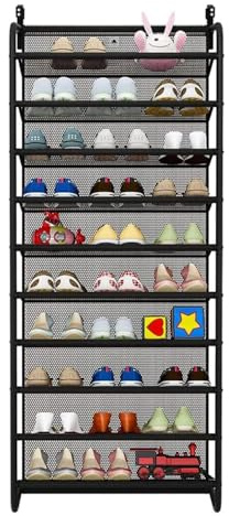 Uptyia Organizador de Zapatos Colgante de 10 Niveles para Puerta | Marco de Acero con Malla, Negro, 54,5 × 21 × 159 cm, Ahorro de Espacio, Multiusos