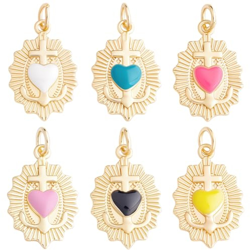 Beebeecraft 1 Schachtel 6 Farben Herz Anhänger Echtes 18K Vergoldetes Messing Liebesherz Anhänger Mit Kreuz Anker Biegering Für Schmuckherstellung DIY Bastelarbeiten Ohrringe Halsketten Armbänder