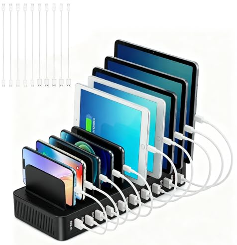 Ladestation für Mehrere Geräte,100W PD Iadestation 10 Port mit 10 Anschlüssen und abnehmbaren Trennwänden, USB-Ladestation Organizer für Moblie Phone, Tablet,Kindle,Kopfhörer mit 10 Ladekabeln