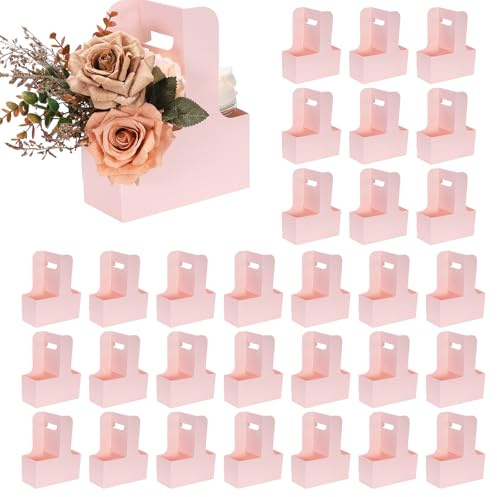 sourcing map 2 Cup Drink Carrier with Handle, 60 Pcs Kraft Paper Flower Gift Bags, Floral Wrap Packing Box, Cardboard Cup Holder Portable for Coffee Tea Bouquet Birthday Party, Pink