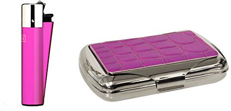 Boîte à Tabac Rose Effet Croco avec Briquet Clipper