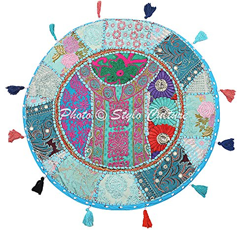 Stylo Culture Indisch Rund Bodensitzkissen 55 x 55 cm Dekorativ Bodenkissen Patchwork Vintage Türkis Boho Patchwork Seat Lounge Baumwolle Bestickt Boden Sitzkissen Indien