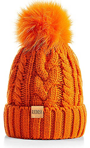 REDESS Damen Winter Bommel Beanie Mütze mit warmem Fleece gefüttert, Dicker Slouchy Snow Knit Skull Ski Cap