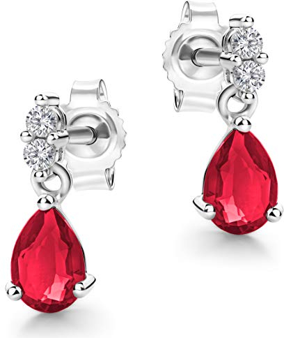 Orovi Schmuck Damen Rubin-Brillant Tropfen Ohrringe Gold mit Edelstein/Geburtsstein Rubin in Rot besetzt mit natürlichen Diamanten Brillanten klassische Ohrhänger aus Weißgold 9 Karat / 375 Gold