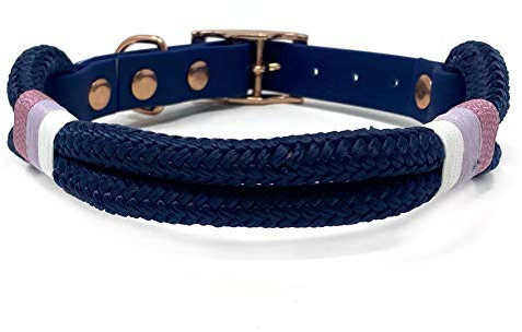 Wau-Effekt Tauhalsband für Hunde - 100% Handarbeit - Halsband - Halsung aus robustem Segeltau mit Biothaneverschluss (M, Dunkelblau - Weiß Rosa Grau)