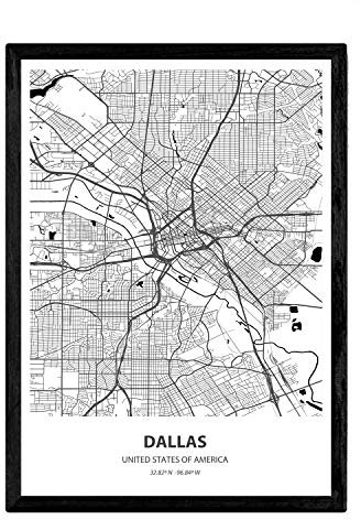 Nacnic Poster mit Karte von Dallas - USA. Blätter US-Städte mit Meeren und Flüssen in schwarz und weiß. A3
