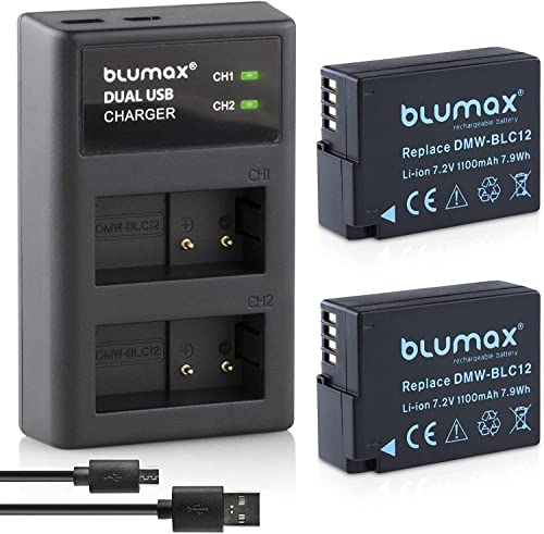 Blumax 2 Batteries de Rechange Panasonic DMW-BLC12 / DMW-BLC12-E 1100 mAh + Double Chargeur USB | Compatible avec Lumix DMC: G5, G6, GX8, G70, G81, GH2, FZ200, FZ300, FZ1000, FZ200