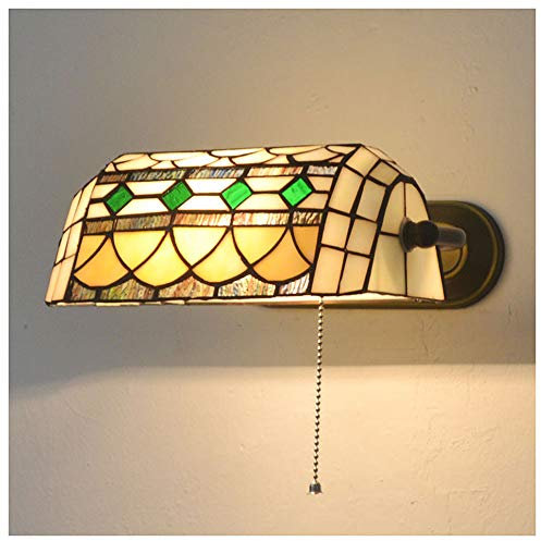 Traditional Indoor Wall Light, Rustic Tiffany Style Wall Lamp Bedroom Bedside Reading Lamps with Pull Cord Switch 8.7 Inch Stained Glass Lampshade for Loft Living Room Study, E27 MAX 60W,Yellow