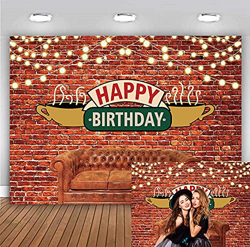 BINQOO 7x5ft Friends Birthday Backdrop Friends Happy Birthday Party Photography Background Red Brick Wall Sofa Coffee Portrait Party Decorations Banner Photo Booth Props