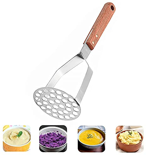 Houdao Kartoffelstampfer Edelstahl Potato Masher mit Holzgriff Gemüsestampfer Kartoffelpresse Spülmaschinengeeignet für Kartoffelbrei Gemüse und Früchte (28 x 7,8 cm)
