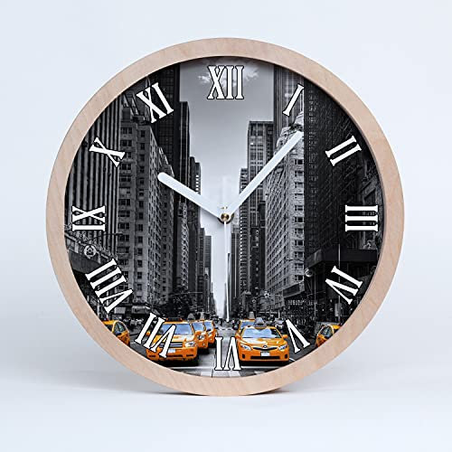 Tulup Holzuhr Uhr Holz Modern Runde ⌀ 20cm Dekoration Stille Uhren Wanduhr Weiße Uhrzeiger - New York Taxi