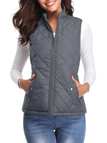 fuinloth Manteaux Sans Manches Femme, Léger Automne Doudoune Zippé Veste Hiver Gilet Gris Foncé S