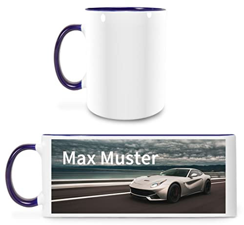 Manutextur Tasse mit Namen - personalisiert - Motiv Sportwagen 02 - viele Farben & Motive - weiß/dunkelblau - Größe - persönliches Geschenk mit Wunsch-Motiv und Wunsch-Name