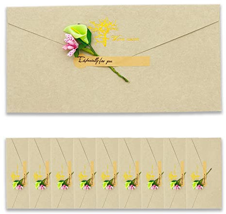 BITEYI 10 Stück Vintage Kraftpapier Umschläge mit Grußkarten Handgefertigte Getrocknete Blumen und Aufkleber,für Geburtstags Hochzeits Weihnachtens Party Einladungen Postkarten(Grau)