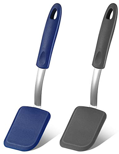 Silicone Cookie Spatula Turner 2 Pack Mini Brownie Spatula Flexible Kitchen Small Silicone Spatulas for Nonstick Cookware Heat Resistant No Scratch Flipper Baking Utensils for Egg Pancake (Gray, Blue)