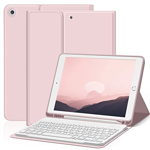 ZOYU Hülle mit Tastatur für iPad 9. 8. 7. Generation 2021 2020 2019, iPad 9/8/ 7 10,2 Zoll Hülle mit Tastatur, Bluetooth Keyboard Folio mit Stifthalter, QWERTZ Layout, Rosa