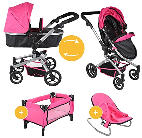 Bandits and Angels Black Angel 4-in-1 Megapack Puppenwagen ab 3 Jahren für Mädchen – Spielzeug Kinderwagen, Buggy, Puppenbett und Wippe – Rollen – Schwarz/Rosa Puppenwagen