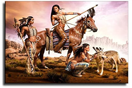 YINGD Indianer Leinwand Kunstdruck Poster Indianer Tribal Frauen Weibliche Krieger Pferd und Wolf Malerei Bilder Modern Hom