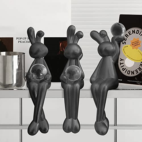 3Pcs Black Decor Statue Home Decoration Sculpture Accent, Modern Art Cute Thinker Rabbit Animals Collectible Sitting Figurines, Resin Living Room Book Shelf Coffee Table Ornaments,Black
