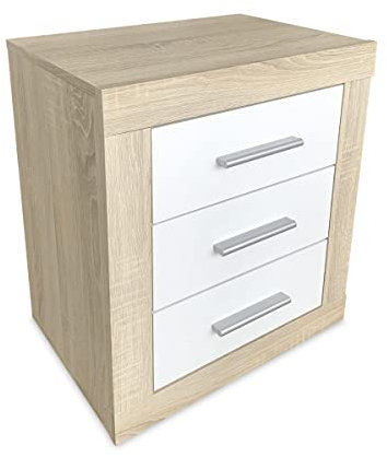 Duérmete Online - Mesita de Noche Estilo Nórdico Modelo Omabella con 3 cajones | Diseño Práctico y Elegante | Colores Cambria y Blanco