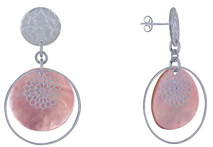 LES POULETTES BIJOUX - Boucles d'Oreilles Clous Métal Argenté Cercle et Pastille de Nacre - Rose
