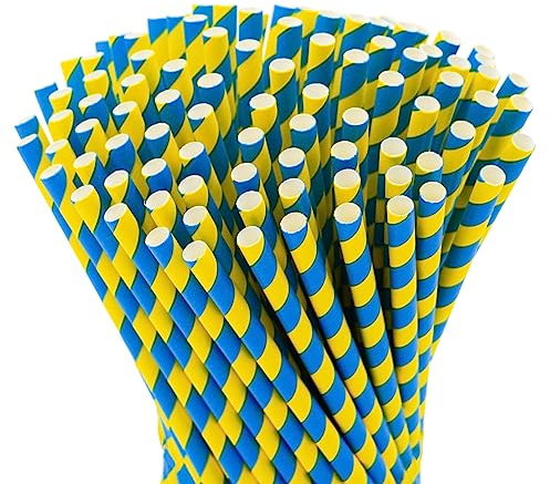 Lot de 100 pailles en papier Suède - 16 cm de long, 7 mm de diamètre - Drapeau de la Suède - Jaune et bleu - Biodégradables - Respectueux de l'environnement - Jetables (courtes)