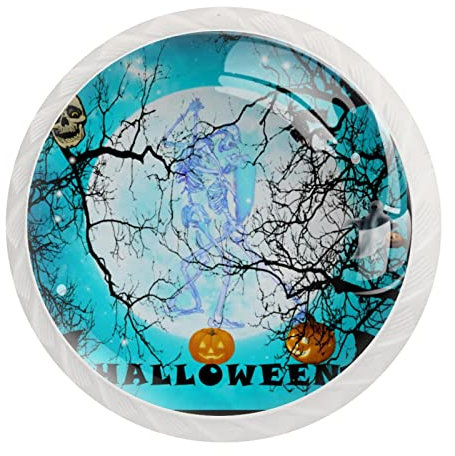 JAVENPROEQT 12 Stück Kommode Kristall Glas Schrankknöpfe, Halloween Totenkopf Muster Runde Schubladenknöpfe Zieht Griff Hardware Kleiderschrank Möbelknöpfe 3,5 x 2,8 cm
