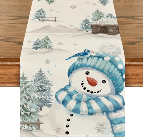 Artoid Mode Blau Schneemann Weihnachten Tischläufer, Saisonnal Winter Küche Tisch Dekoration Drinnen Urlaub Party Dekor 40x140 cm
