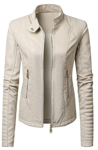 Damen Lederjacke mit Reißverschluss, lässiger Stil, Jacke aus PU-Leder, Bomberjacke für Motorrad, Damen, Kunstleder, Bikerjacke, Motorradanzug, weiß, 38