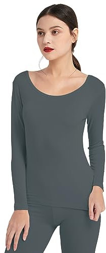 Mcilia Women's Ultrathin Modal Thermal Baselayer Top Scoop Neck Long Sleeve Undershirt Iron Gray Large (UK Size 16 18)