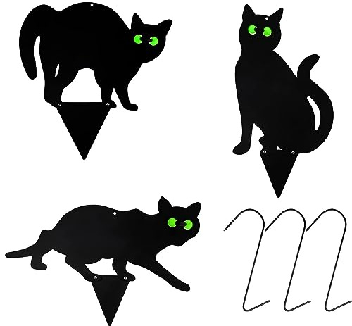 Brigtviee 3 Stück Garten Schrecken Katzen Hofschilder mit Reflektierenden Augen, Halloween Schwarze Katze Silhouette Metall-Gartenpfähle für Hof Outdoor und Halloween Dekorationen