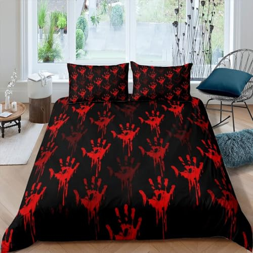 Sezhiqeu Roter Terror Blutige Hände Bettwäsche 140x200, 3D Muster Weich Mikrofaser Winter Bettwäsche-Sets Beängstigende Blutige Hände Bettbezug + 2 Kissenbezug 80x80 cm mit Reißverschluss B-2198