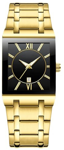 RORIOS Quarz Armbanduhr Herren Einfache Quadratische Uhr Business wasserdichte Uhren Datum Kalender Leuchtend Uhr mit Edelstahl Armband für Männer Gold Schwarz