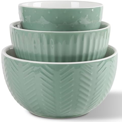 HAPPY KIT Ceramic Mixing Bowls Set, Serving Bowls Set For Kitchen,Large 5/3/1.5 Quart Bowl Set of 3, Prep Nesting Bowl for Baking and Mixing Salad,Avocado green