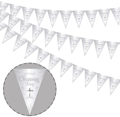 Cheereveal Taufdekorationen für Jungen und Mädchen, Silber, 3 Stück, Taufbanner, Erstkommunion, Konfirmation, Dekoration, 36 Stück Tauf-Wimpelkette, Partyzubehör