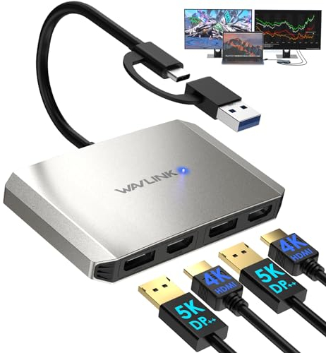 WAVLINK DisplayLink USB 3.0 Or USB C to DisplayPort HDMI Adapter, Dual 5K/4K @ 60Hz 4IN1 Monitor Hub for Dell HP Surface Lenovo, Compatible with Windows and Mac-Silver