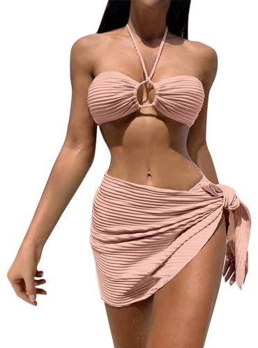 Generic Bikini Damen, Bademode Damen Bauchweg Damen Bikini Oberteil Triangel Bikini Neckholder Bikini Mit Rock Damen Set 3 Sexy Push Up Bikini Summer Sport Bikini Set Bademoden Grosse (A04,S)