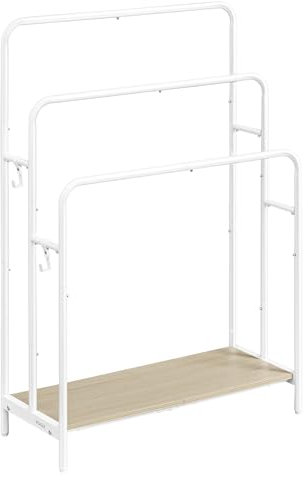 VASAGLE Toallero de Pie, Toallero de 3 Barras, 70 x 30 x 100 cm, 2 Ganchos, Estante de Almacenamiento, Estante para Manta, Toallas de Baño, Blanco Nube y Beige Natural LLS019W01