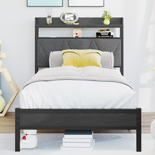 VERFARM Polsterbett 90x200 cm aus Metall, Modern Bettgestell mit Lattenrost,Bettrahmen aus Holz Metallbett mit 2-stufigem Kopfteil mit Stauraum,Doppelbett 90x200cm für Schlafzimmer Gästezimmer