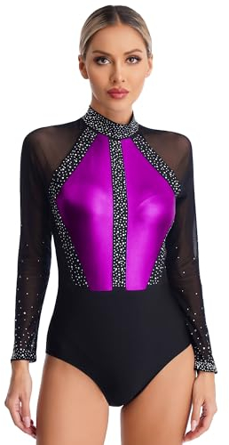 iEFiEL Turnanzug für Damen Langarm Gymnastikbody mit Strass Patchwork Metallic Tanzbody Ballett Trikotanzug Wettbewerb Leotards Violett XXL