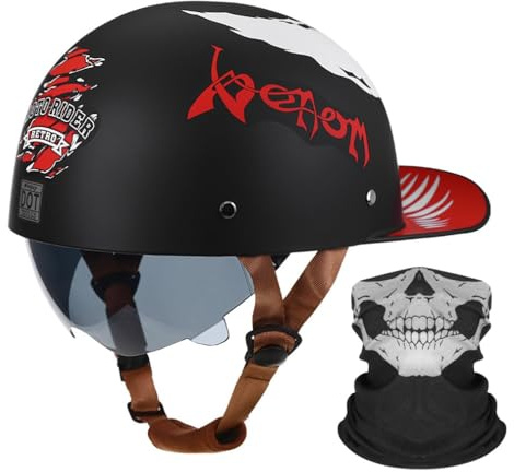 Motorrad Halbhelm Halbschalenhelm Baseballmütze-Helm ECE-Zulassung | Mit Gesichtsschutz Baseball Cap Motorradhelm Mit Schrumpfbare Braune Linsen Schnellverschluss 55-64CM