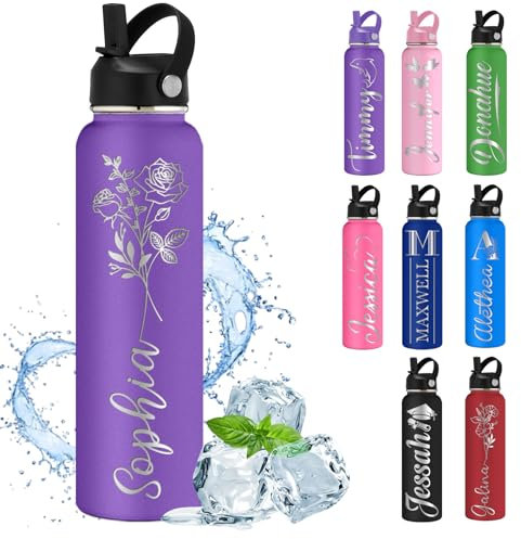 MiNaSii Custom Water Bottle Personalised Water Bottles with Straw Lid Name Engraved Insulated Stainless Steel Bottles for School Customised Double Wall 12 18 24 32 40 oz