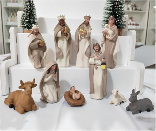 ENNAS Weihnachtskrippensets für Weihnachten, handbemalt, für den Innenbereich, 12,2 cm, klassische Figuren, Heilige Familie, Jesus, Krippe, Ornament, Weihnachtsdekoration, 10 Stück