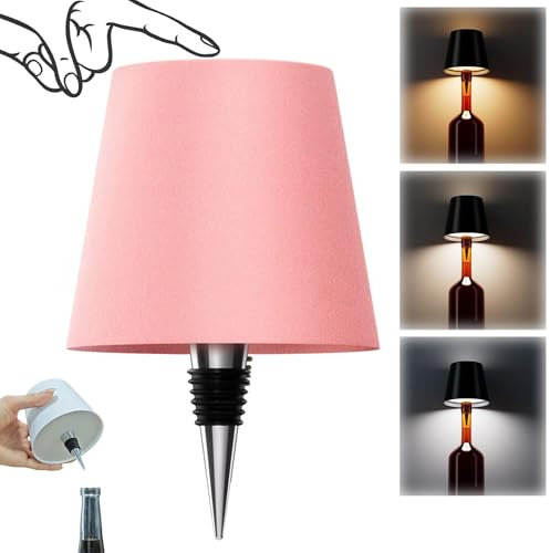 AIMARS Wireless Bottle Lamp, 3 Color Stepless Dimming Wine Bottle Lamp, LED Rechargeable Touch Control Wireless Bottle Lampshade for Bedroom, Restaurant, Bar (Pink, 1-Pack)