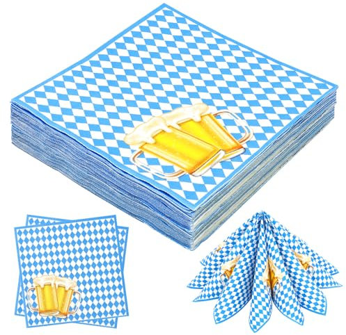 RANJIMA 20 Stück Servietten Oktoberfest Deko, 33x33 cm Oktoberfest Servietten Karierte Tissue Papierserviette Bayern Blau Weiß Bayerische Partyservietten für Münchner Oktoberfest Bierzelten Tischdeko