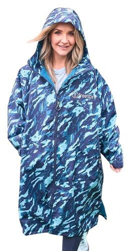 FREESPIRIT Aquarobe Pro with Hood, Deep-Pile Fleece Lining & 2 Zipped Pockets, Waterproof, Breathable, Long-length & Oversized Drying Robe (UK, Alpha, L, XL, Regular, Regular, Camo Blue)
