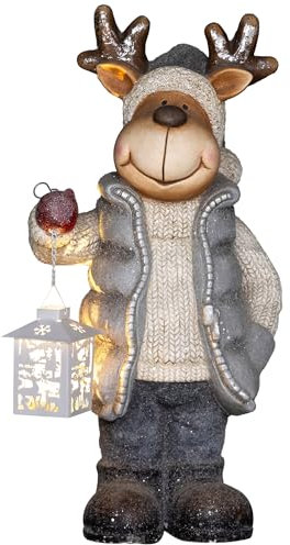 HOMCOM Weihnachtsdeko Figur, Rentier mit Laterne, 52 cm Weihnachtsfigur mit LED-Licht, Dekofigur zu Weihnachten, für In- und Outdoor, Metall